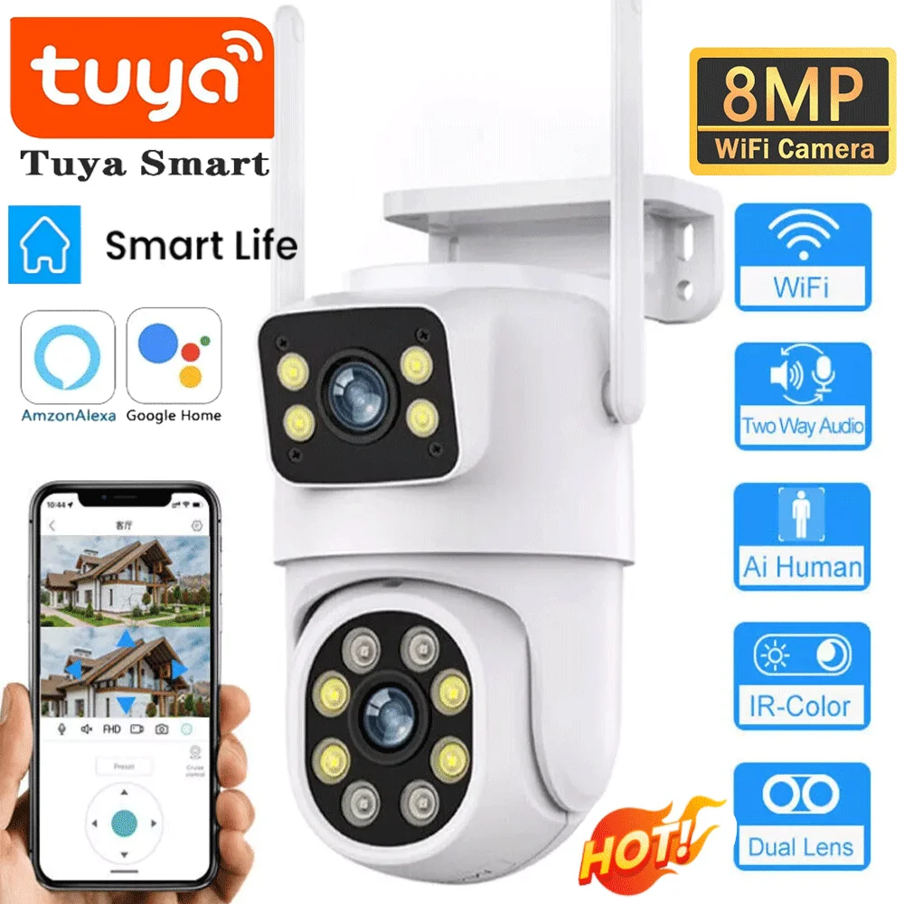 Tuya 8MP Dual Lens WiFi PTZ Camera Outdoor Wireless 4K HD Dual Screen Surveillance Cameras IR Human Tracking Security-protection