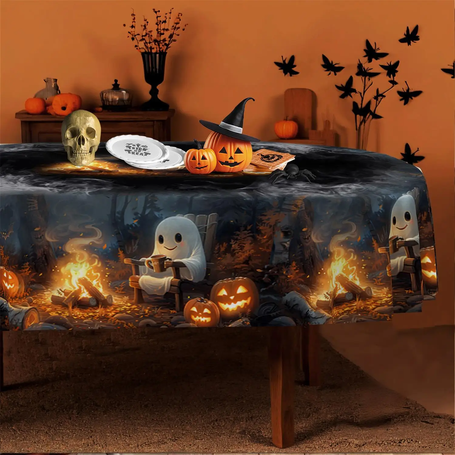 A Halloween tablecloth | Cartoon bonfire design, retro style, unique shape, essential for holiday parties