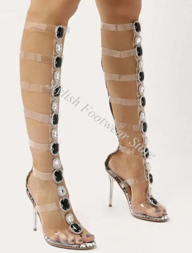 Sexy Bling Gemstone PVC Straps Woman Sandals Boots Peep Toe Buckle T-Strap Rhinestone Diamond Clear High Heel Summer Knee Boots