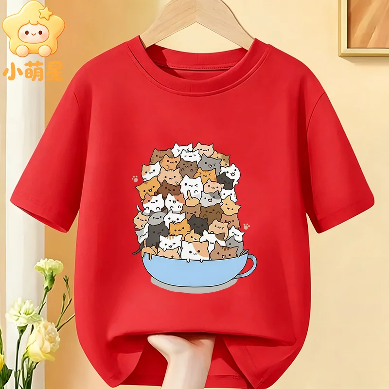 Lustiges T-Shirt mit Katzenmotiv für Kinder, Anti-Depressiva-Cartoon-Kätzchen-Grafik, reine Baumwolle, kurzärmelig, Unisex-Oberteil für Jungen und Mädchen – Detail 4
