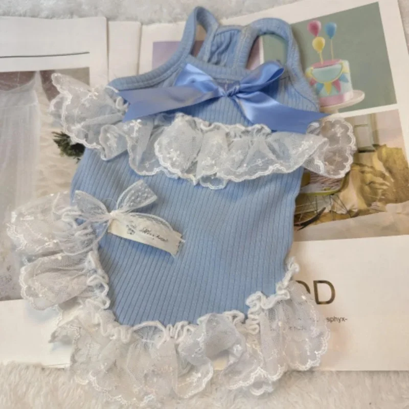 

Blue Lace Bow Pet Clothe Fashion Puppy Strap Dress Summer Thin Cool Strap Bow Vest Small Dog Teddy Dog Dresses for Small Dogs