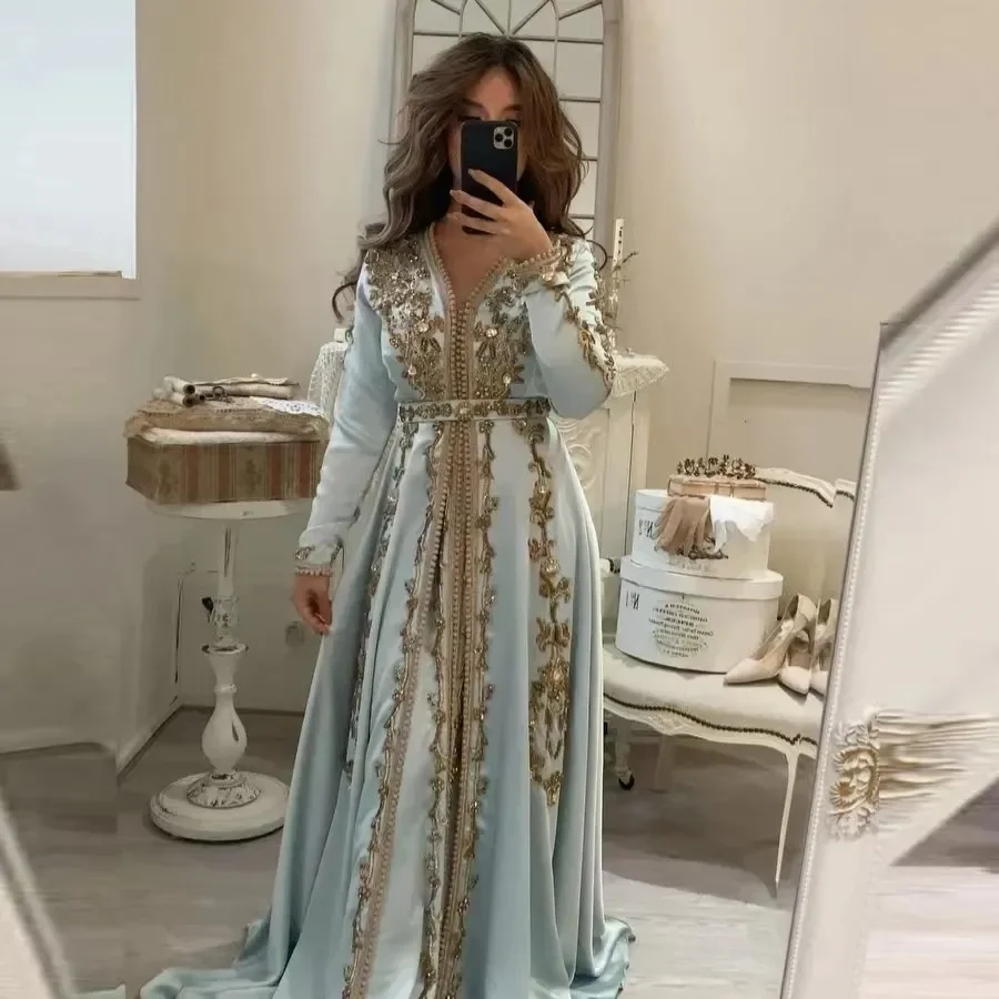 

Elegant Blue SATIN Long Sleeve Evening Gown with V-neck Applique Crystal Belt Floor-Length Formal Party Dress for Women