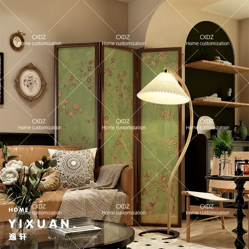 French Wabi Sabi Retro Solid Wood Flower Bird Screen Partition Folding Room Divider for Living Room Bedroom Corner Decoration