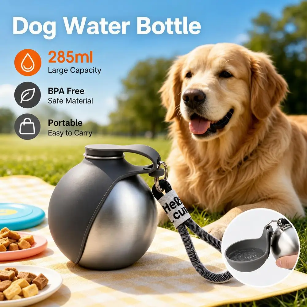 304 Stainless Steel Pet Kettle Round Outdoor Water Cup Outdoor Cat And Dog Hanging Rope Portable Folding Water Dispenser