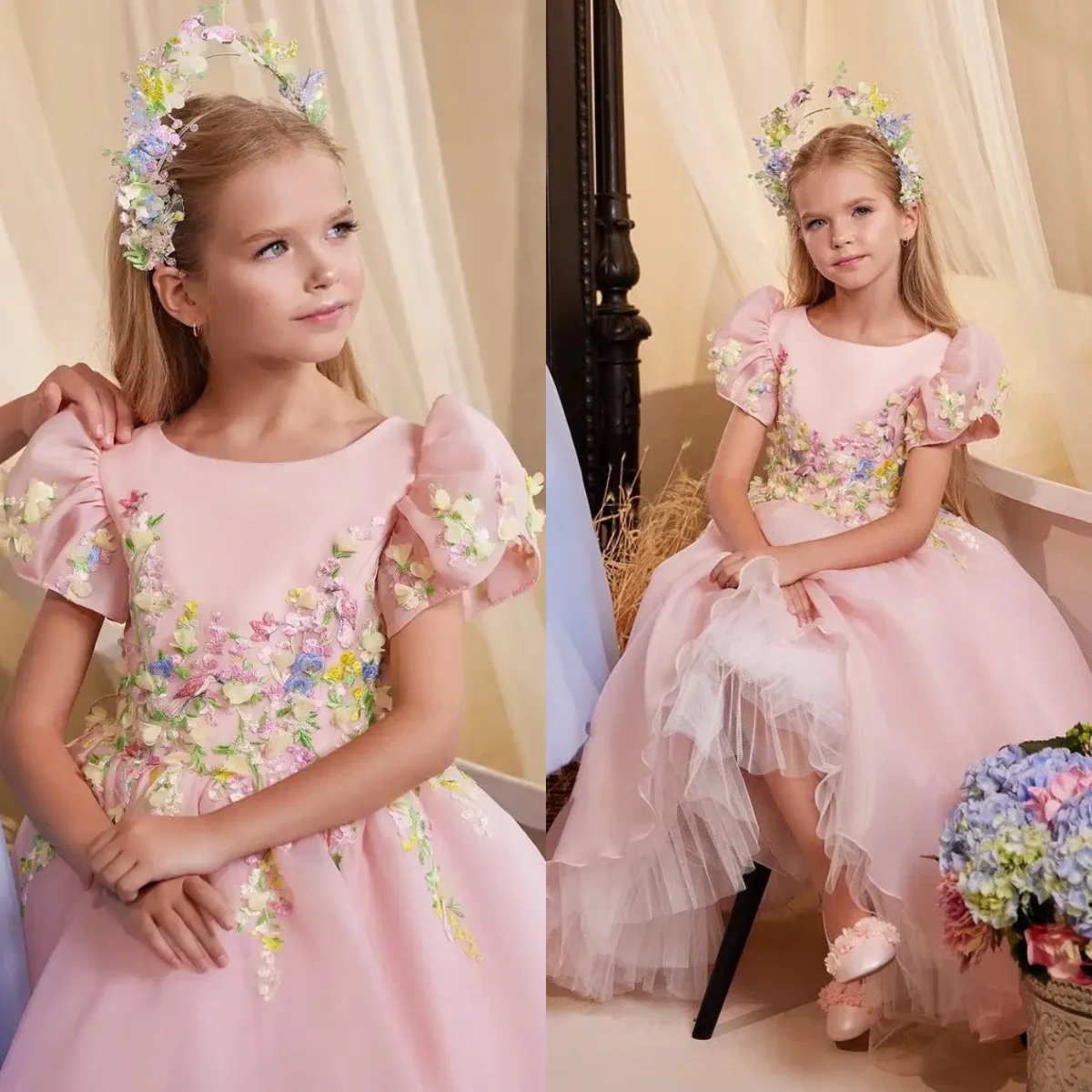 

Pink Flower Girl Dress for Wedding Party 3D Appliqued Princess Holy First Communion Dress Kids Birthday Gift