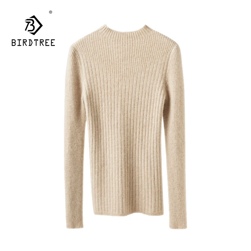 BirdTree, 100% Pure Cashmere Elegant Sweater, Women's Semi High Neck Striped Solid Color Casual, Autumn and Winter Top T48907KS