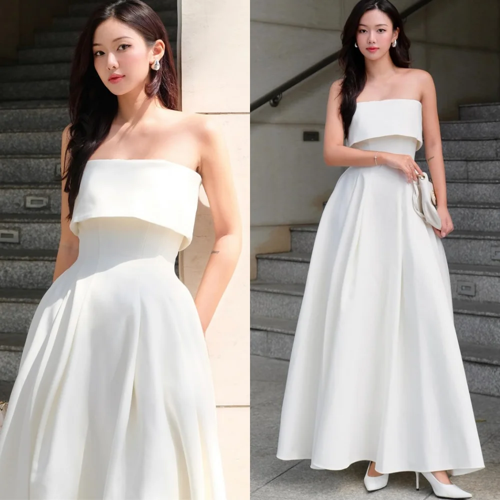 

Customized Fashion White Jersey Evening Dresses Exquisite Strapless Sleeveless Homecoming Dresses Temperament Party Gowns