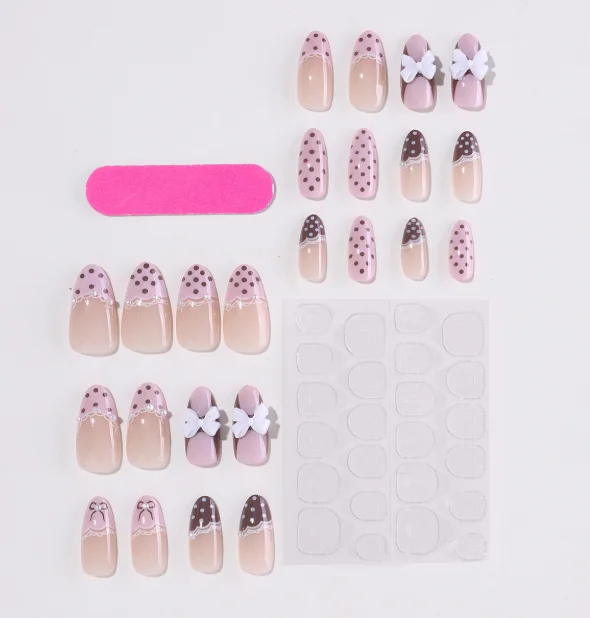 Pink Brown Polka Dot Press On Nails, Lace French Almond False Nails