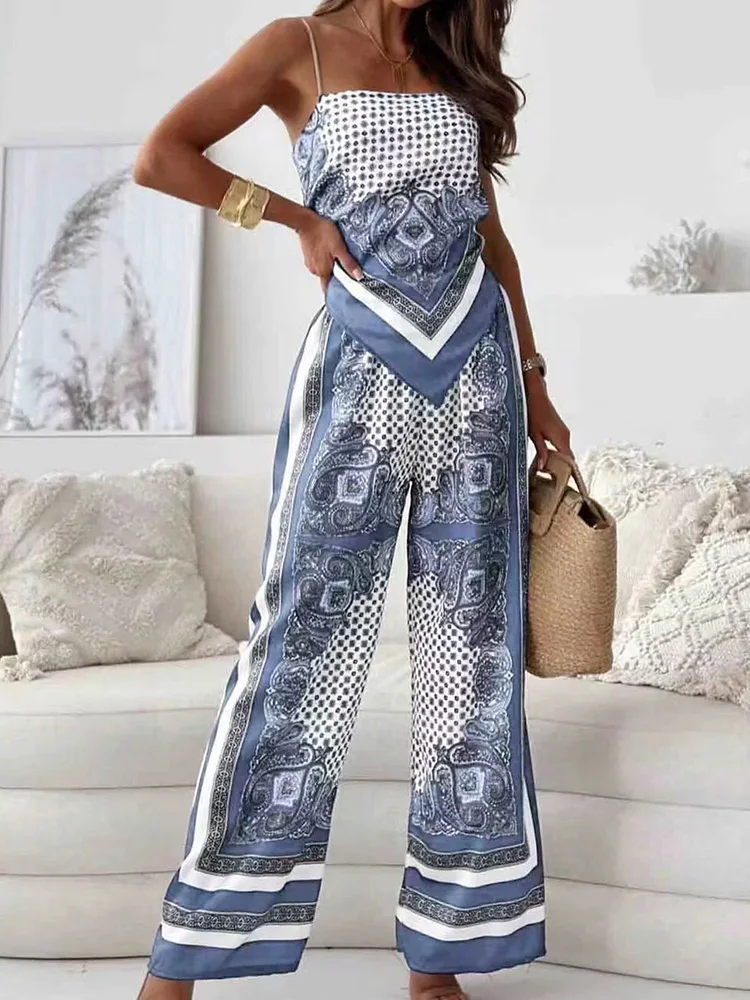 

Casual Backless Print Patchwork Two Pieces Set, Women Summer Wide Leg Pants Simple Outfit, Sleeveless Square Collar Ladies Suits