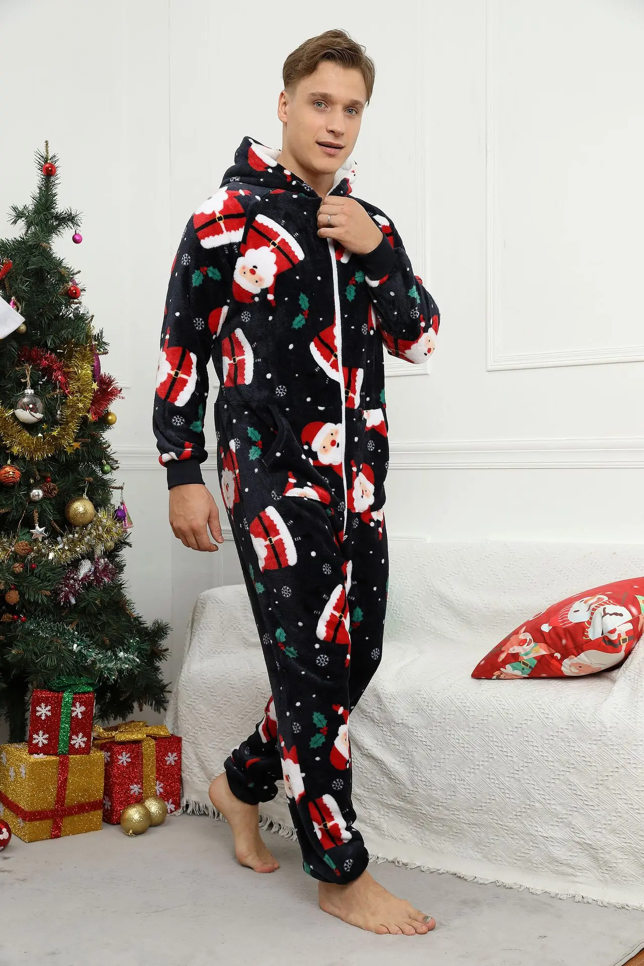 Christmas Print Sleepwear Kigurumi Hooded Pajama Sets For Adult Men Pajamas Autumn Winter Warm Pyjamas Overall Suits