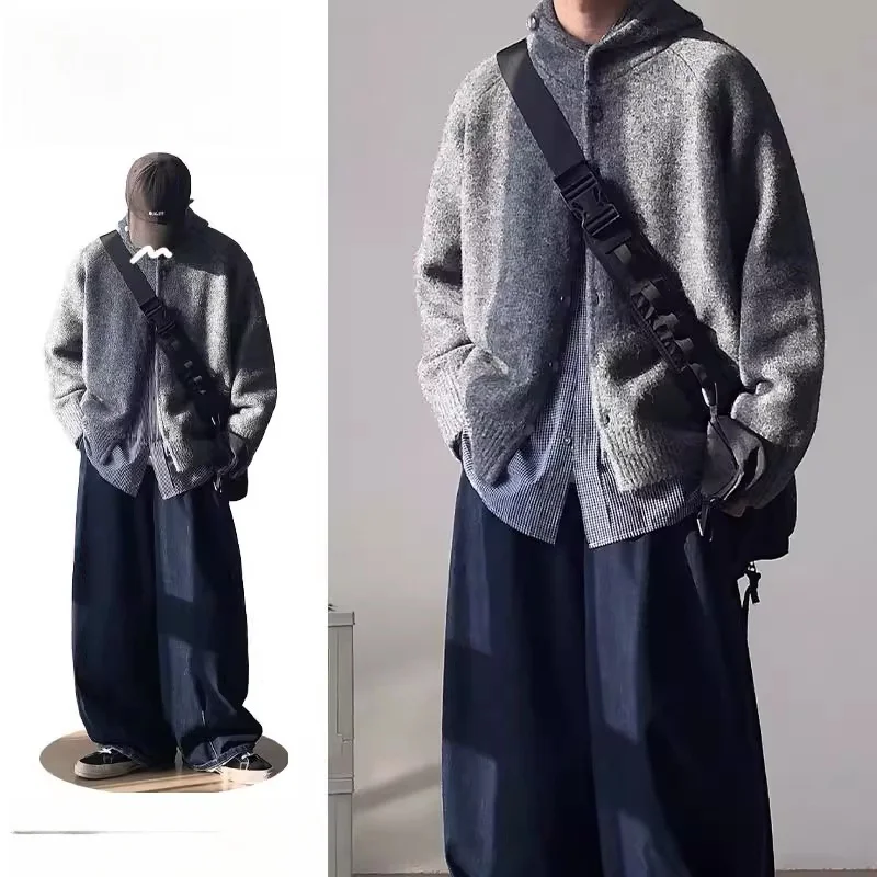 

Retro Lazy Hoodie Knitted Sweater Men's Loose Fit Autumn Winter Coffee Color Japanese Sle Faion Outerwear Ci Walk Polye...