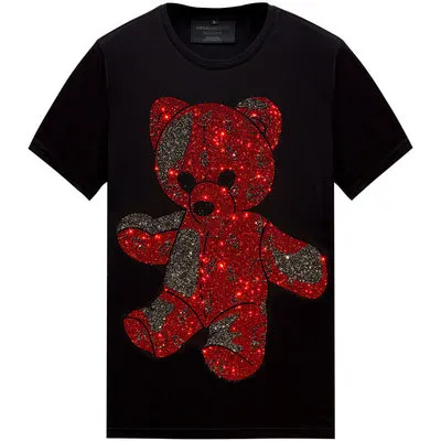 2024 Summer T Shirts Women Clothing Cartoon Bear Rhinestones Fashion Streetwear O Neck Slim Ladies Tshirt Short Sleeve Femme