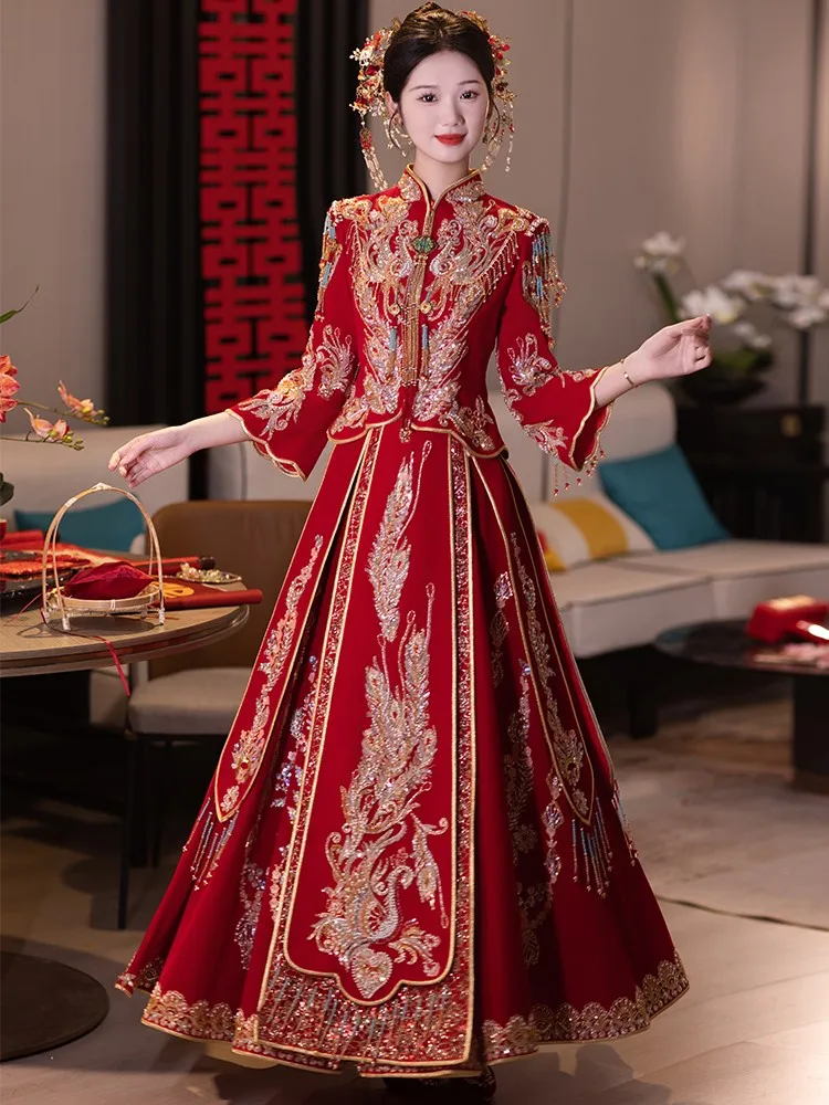 

Velvet wedding dress new for brides Chinese-style toasting and