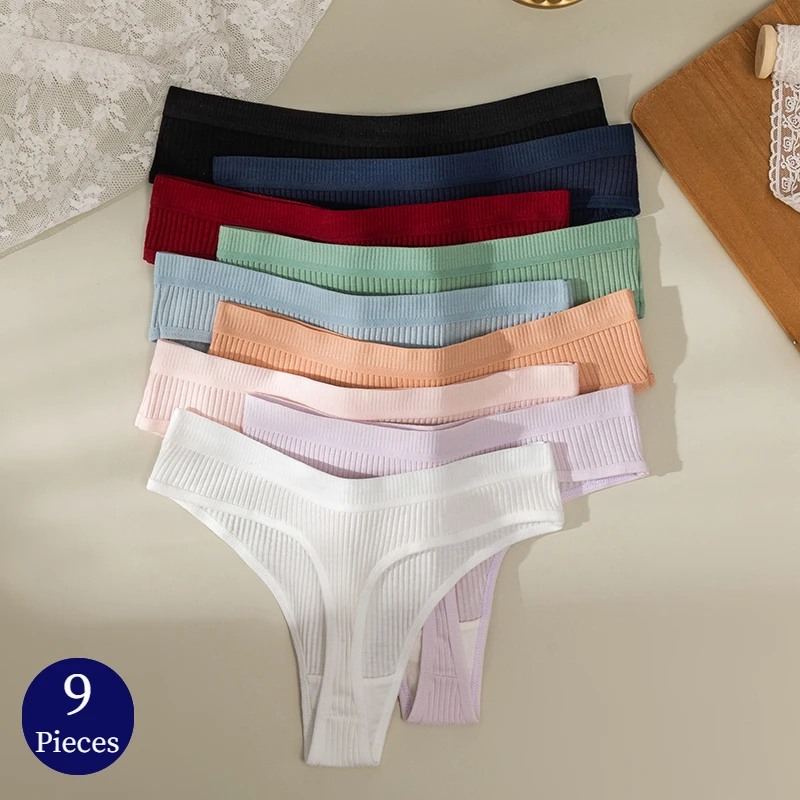 WarmSteps 9PCS/Set Women's Panties Cotton Striped Thongs Female Breathable Underwear Sexy Lingerie Sports G-Strings Woman T-Back