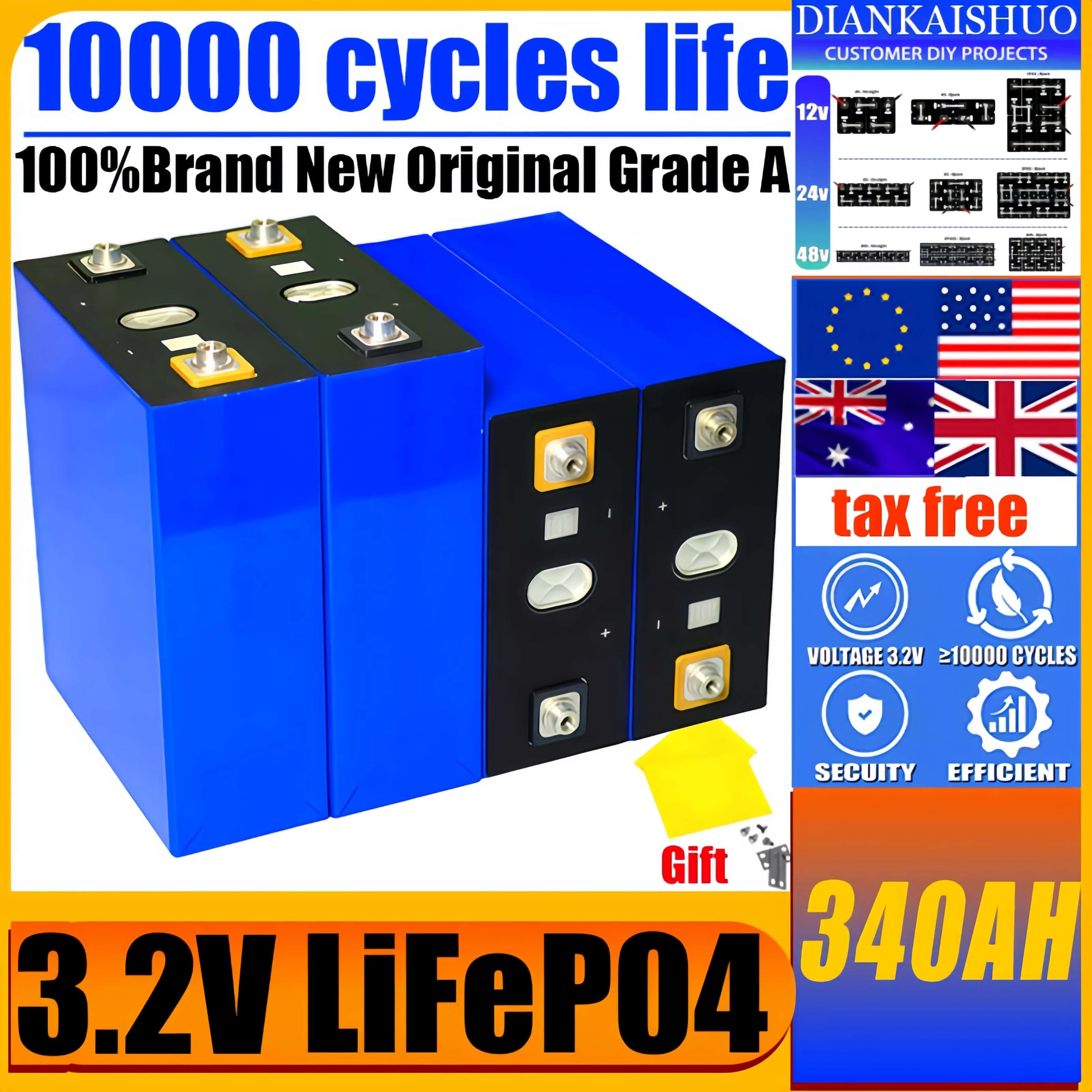 Grade A New 3.2V 340Ah 320AH Lifepo4 Rechargeable Battery Grade A DIY12V 24V 48V RV EV Boat Golf solar energy camping duty-free