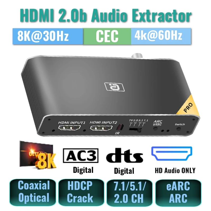 Przełącznik 8K HD Audio eARC 7.1CH AC3 DTSHD HdmI2.0b Rozdzielacz 1 Wejście 2 Wyjścia Ekstraktor Audio 4k 60hz DAC Dekoder Adapter AUX Koaksjalny