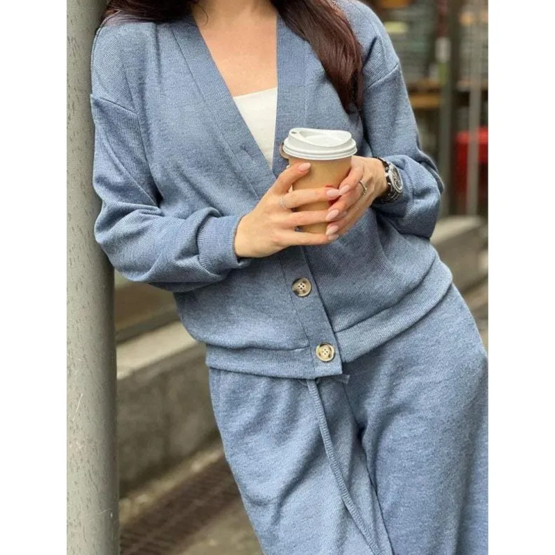 Autumn New Comfortable Casual Sweater Women\'s Suit Solid V-neck Long-sleeved Cardigan Top Jacket Lace-up Sweatpants Fashion Suit