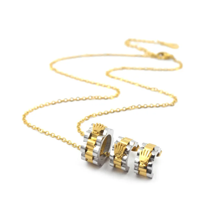 Conjunto de pendientes y collar cilíndrico pequeño con diseño de engranaje de palma y corona a la moda, joyería Punk Cool Tide Hip hop