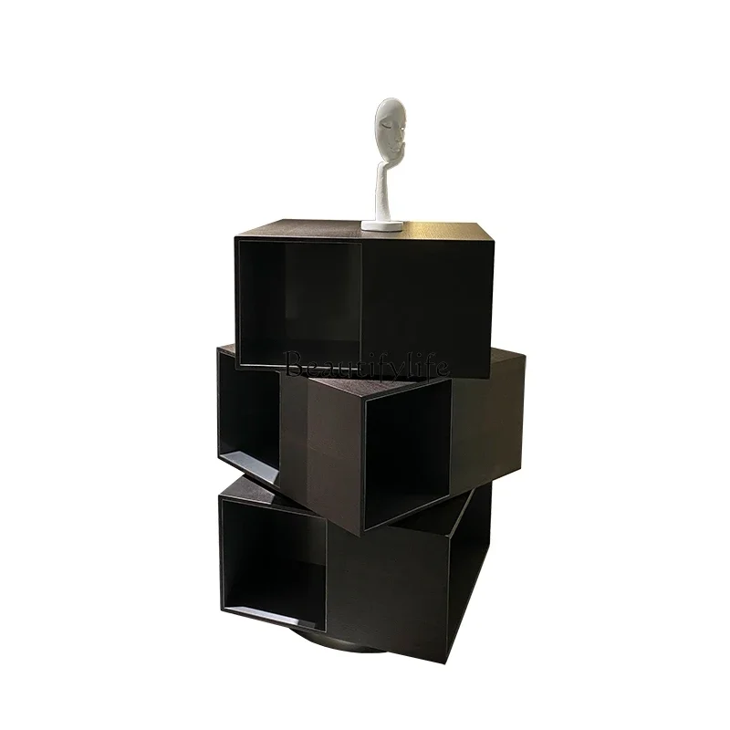 Italian minimalist light luxury bookcase 360 degree rotating bookshelf smoked wood black titanium brushed edge cabinet