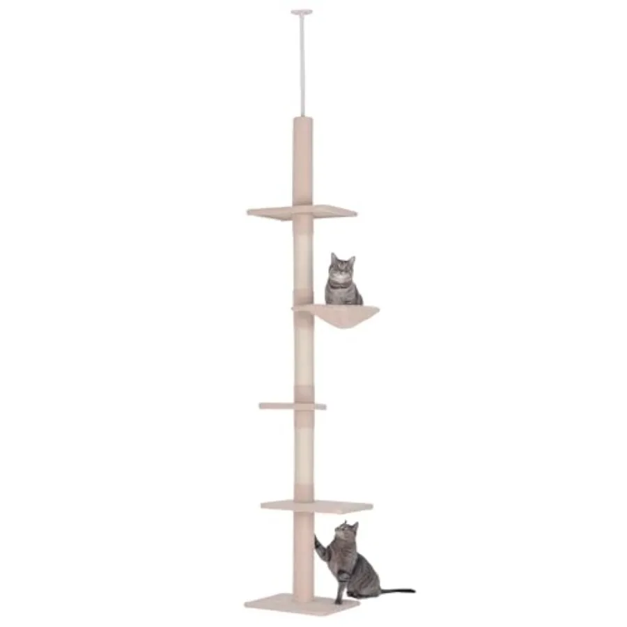 

102 Adjustable Height Floor to Ceiling Cat Tree 5 Level Cat Tower with Scratching Posts Hammock Beige Storage Space for Cats