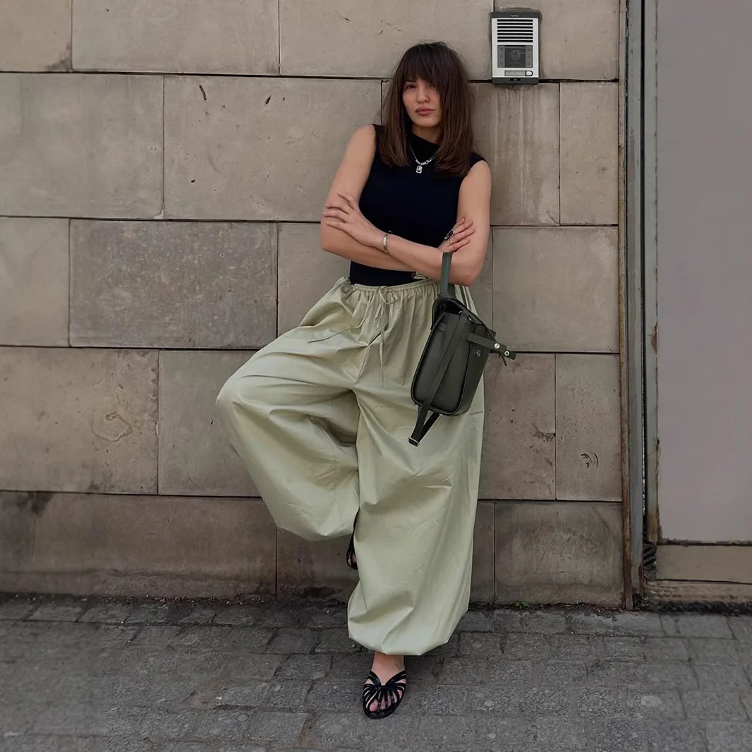 XIZOU Autumn Womens 100% Cotton Loose Lantern Style Ankle Wide  Leg Pants Street Style Casual Lazy Pants Fashion Trousers