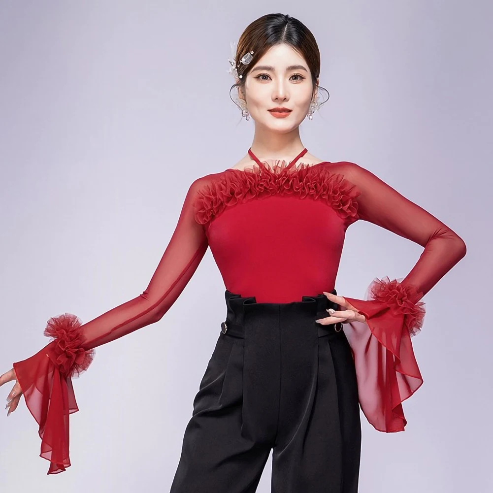 الفالس قاعة الرقص الأعلى الزنجفر الأحمر المرأة الجديدة الرقص بذلة طويلة الأكمام الليتشي مسحوق أسود قاعة الرقص ضيق مشد الخامس الرقبة #4