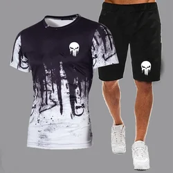 Men's Two Piece Summer New Gradient T-shirt and Shorts Set Fashionable Skull Print Street Wear Casual Sports Men's Clothing