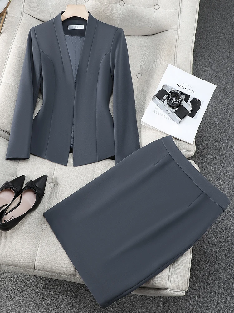 Women's No Collar Suit Set Formal Workwear Hotel Front Desk Manager Uniform Commute Style Slim Fit Long Sleeve Polyester Fiber