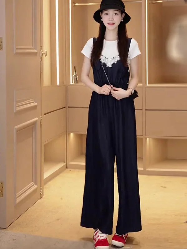 

High Waist Lace Splice Wide Leg Pants Women's Summer Faionable Strap Pants Korean Smart Sle Versatile Long Pants