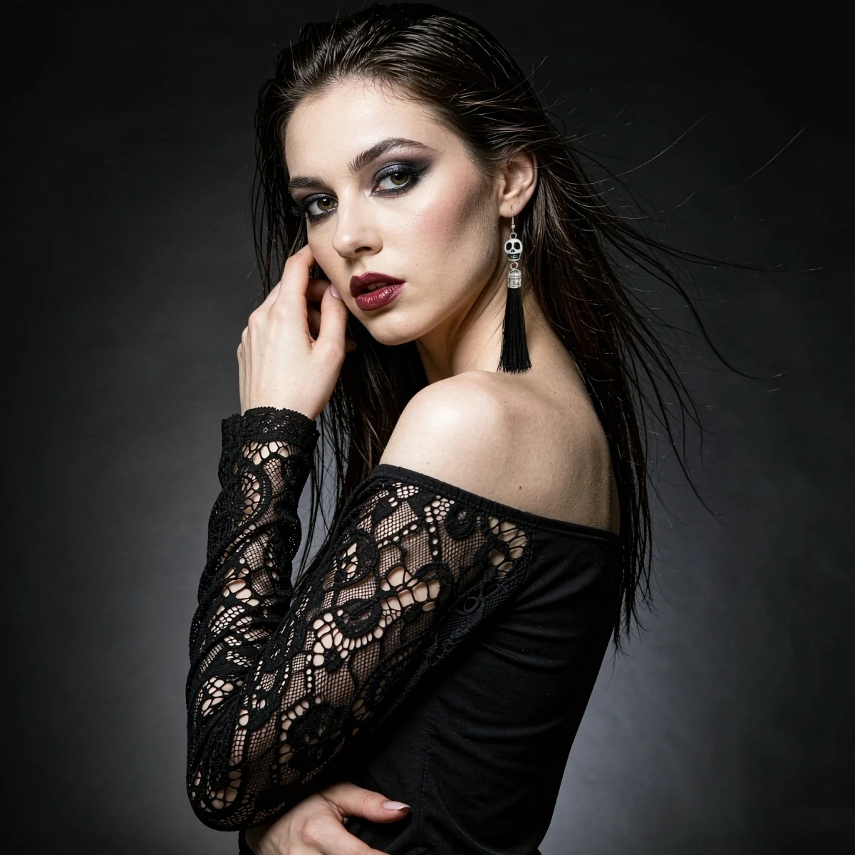 Schwarz-weiße Ohrringe mit grinsendem Totenkopf und Quasten für Damen, Gothic-Punk, dunkler Stil, Skelett-Karnevals-Ohrringe, Halloween-Schmuck – Detail 4