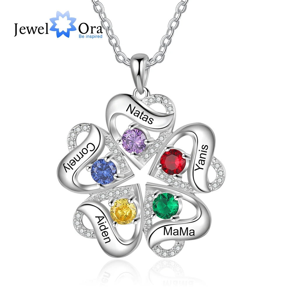 

Personalized Clover Lucky Necklace 2-5 Family Names Birthstone Heart Pendants Mothers Day Jewelry Gift for Women Mom Wife