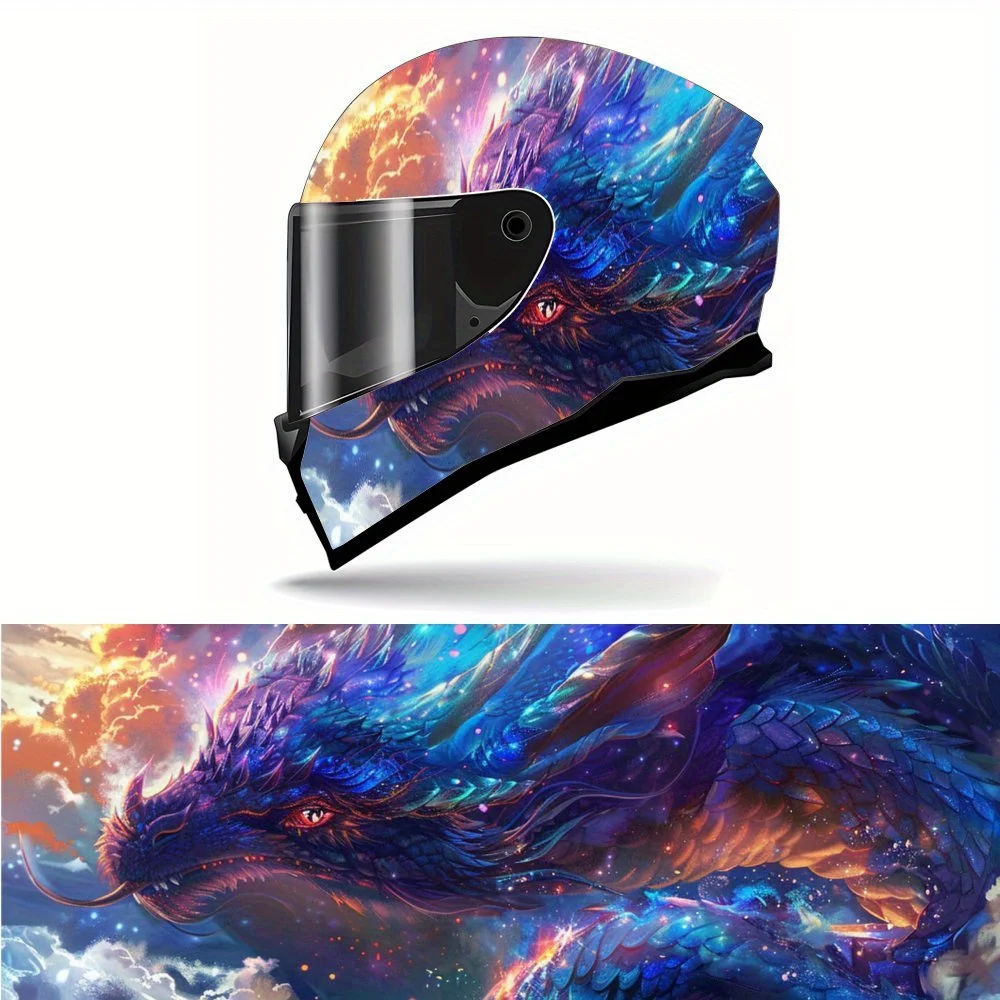 

Fantasy Roaring Blue Scaled Dragon Clouds PVC Motorcycle Helmet Vinyl Wrap, Self-Adhesive Waterproof Sticker, Anti-Scratch Decor