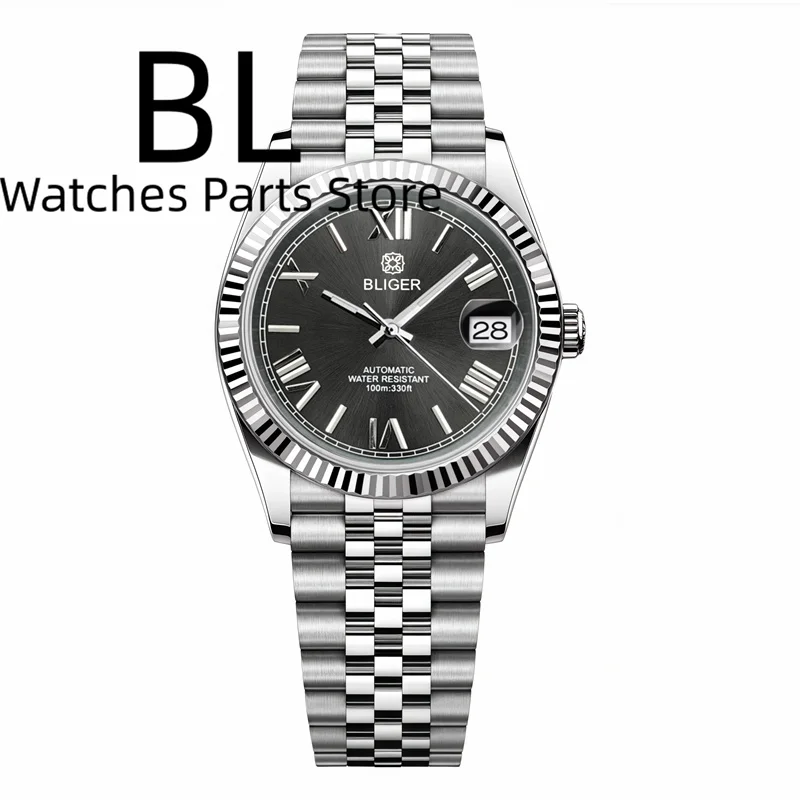 

BLIGER 36mm39mm Sunburst Grey Dial Silver Dark Green Roman Numbers Mechanical Watch For Men Stainless Steel Strap Sapphire Glass