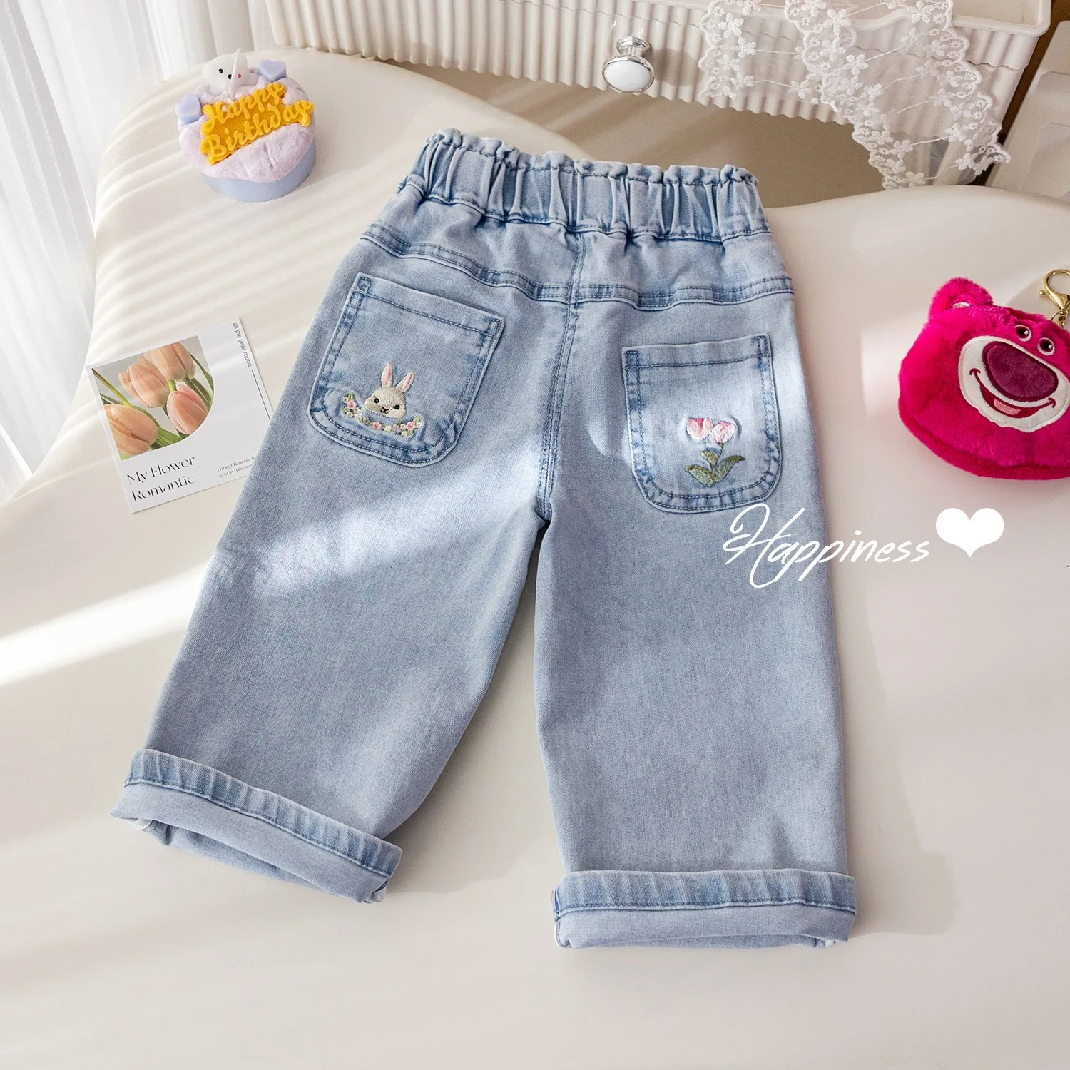 

Детские джинсы для девочек на весну 2026 года с вышивкой кролика, прямые брюки для новорожденных девочек, джинсовые штаны для малышей на резинке