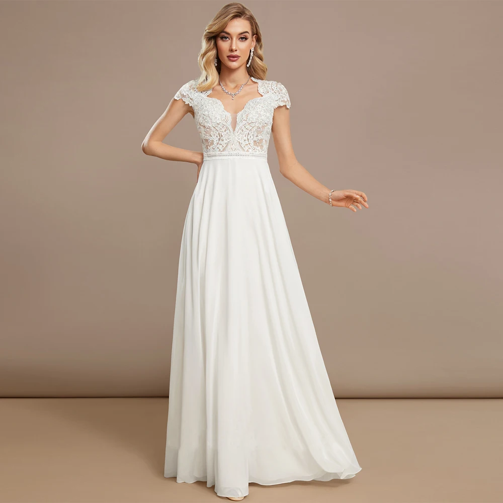 Classic Deep V Neck Wedding Dresses Cap Sleeves Applique Lace Bridal Grown Floor Length Backless Chiffon A Line Vestido De Noiva