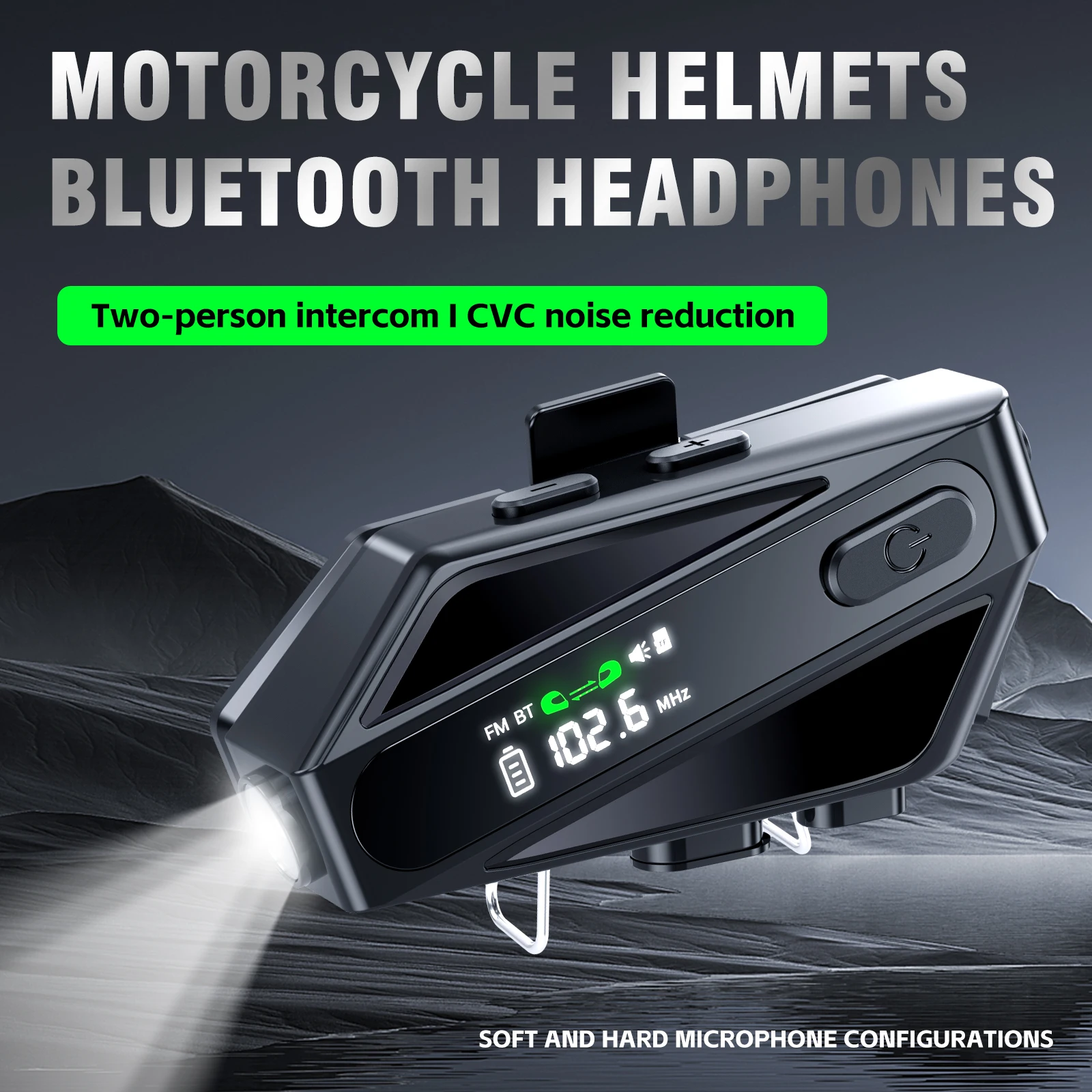 Motorcycle Helmet Bluetooth Intercom Bt5.3 Ip65 Waterproof Intercom Distance 500 Meters Digital Display Recognition Tf Playback