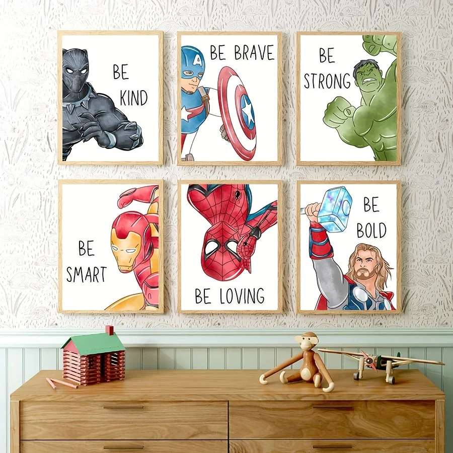 Superhero With Affirmation Quote Art Print Captain America Spider Man Hulk Panther Thor Iron Man Canvas Painting Boys Room Decor