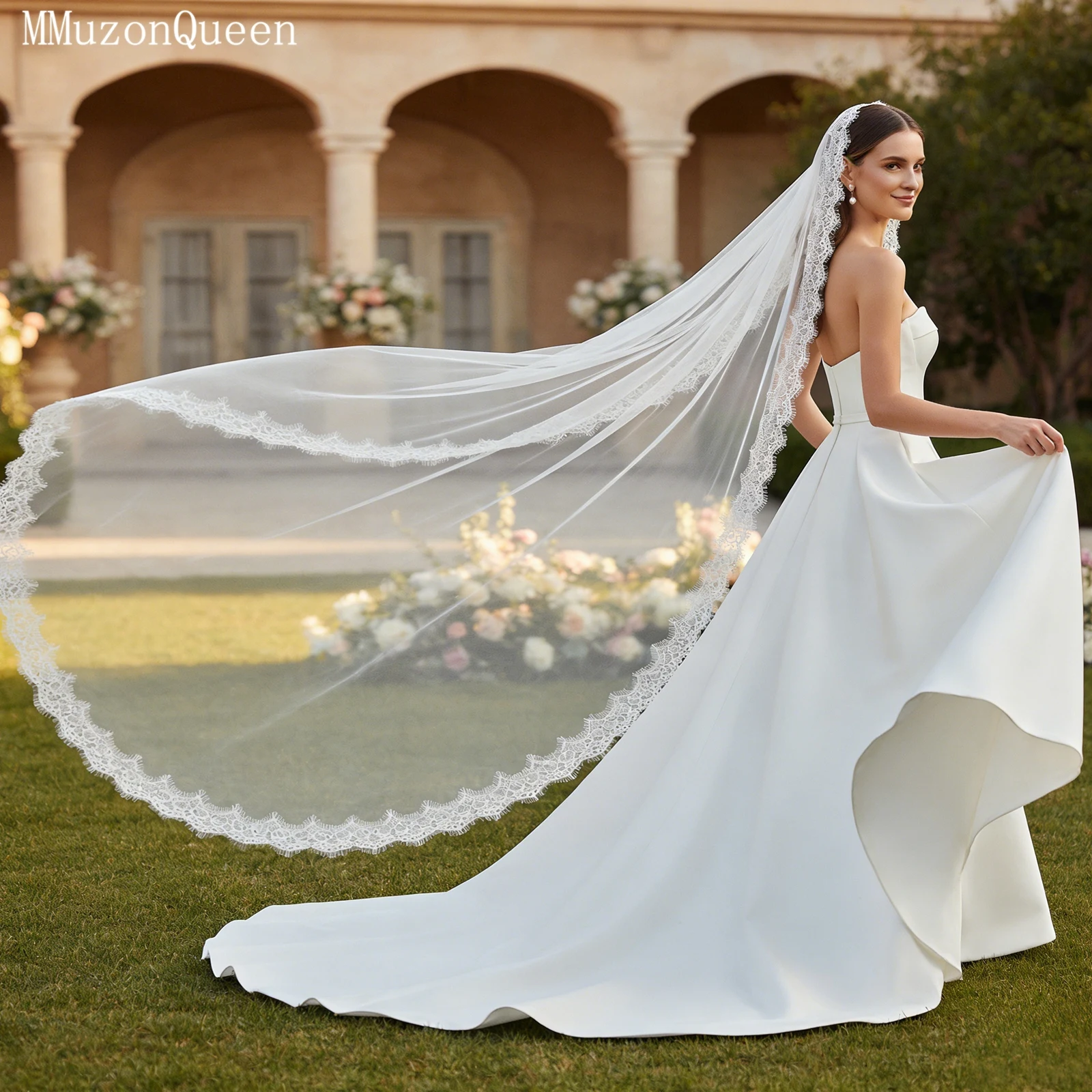 

Свадебная фата TOPQUEEN с кружевной отделкой и ресничками, однослойная, длина «Катедральный храм», с гребнем, настраиваемая, V154