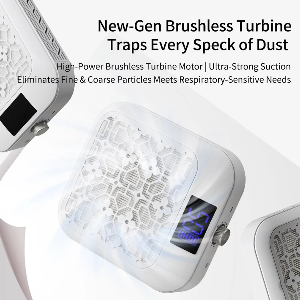 Brushless Turbine Nail Dust Collector with LED Display Adjustable Speed Portable Nail Vacuum Cleaner for Manicure Nail Art