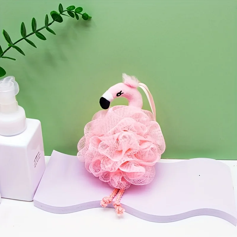 إسفنجة كرة الاستحمام فلامنغو - تصميم قلب مقشر ناعم، كرة رغوية لطيفة وردية للتنظيف اللطيف، دش مريح للعناية بالبشرة