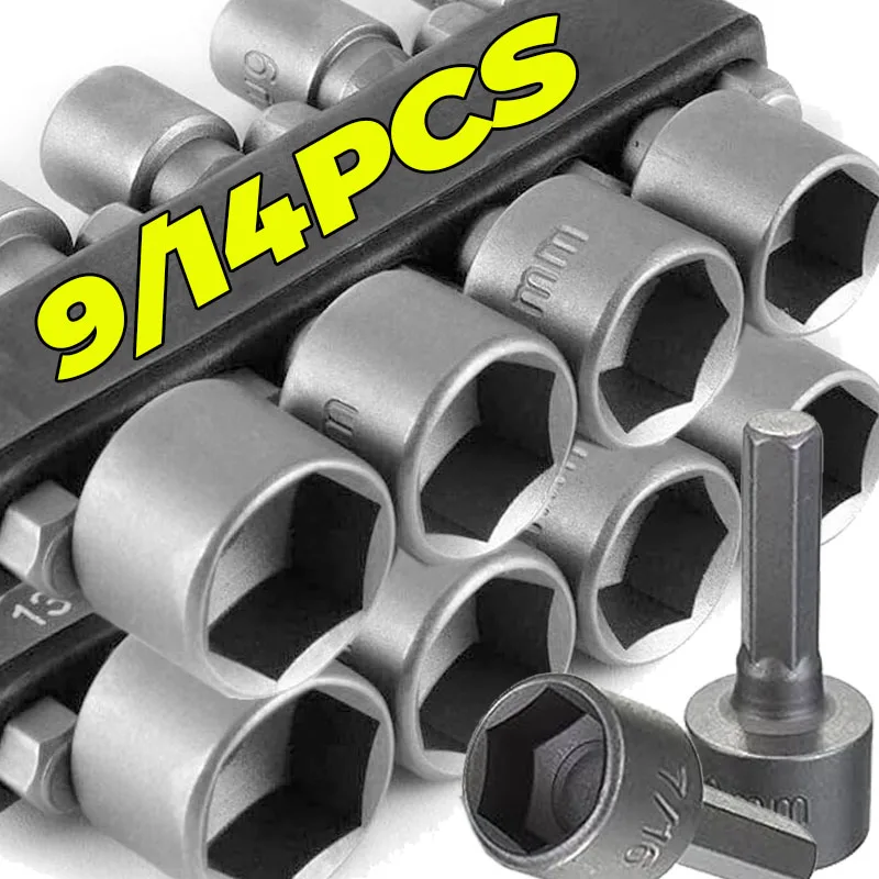 conjunto-de-chaves-de-soquete-e-parafusadeira-potente-9-14-pecas-adaptador-manual-hexagonal-para-brocas-e-porcas-cabo-de-impacto-eletrico