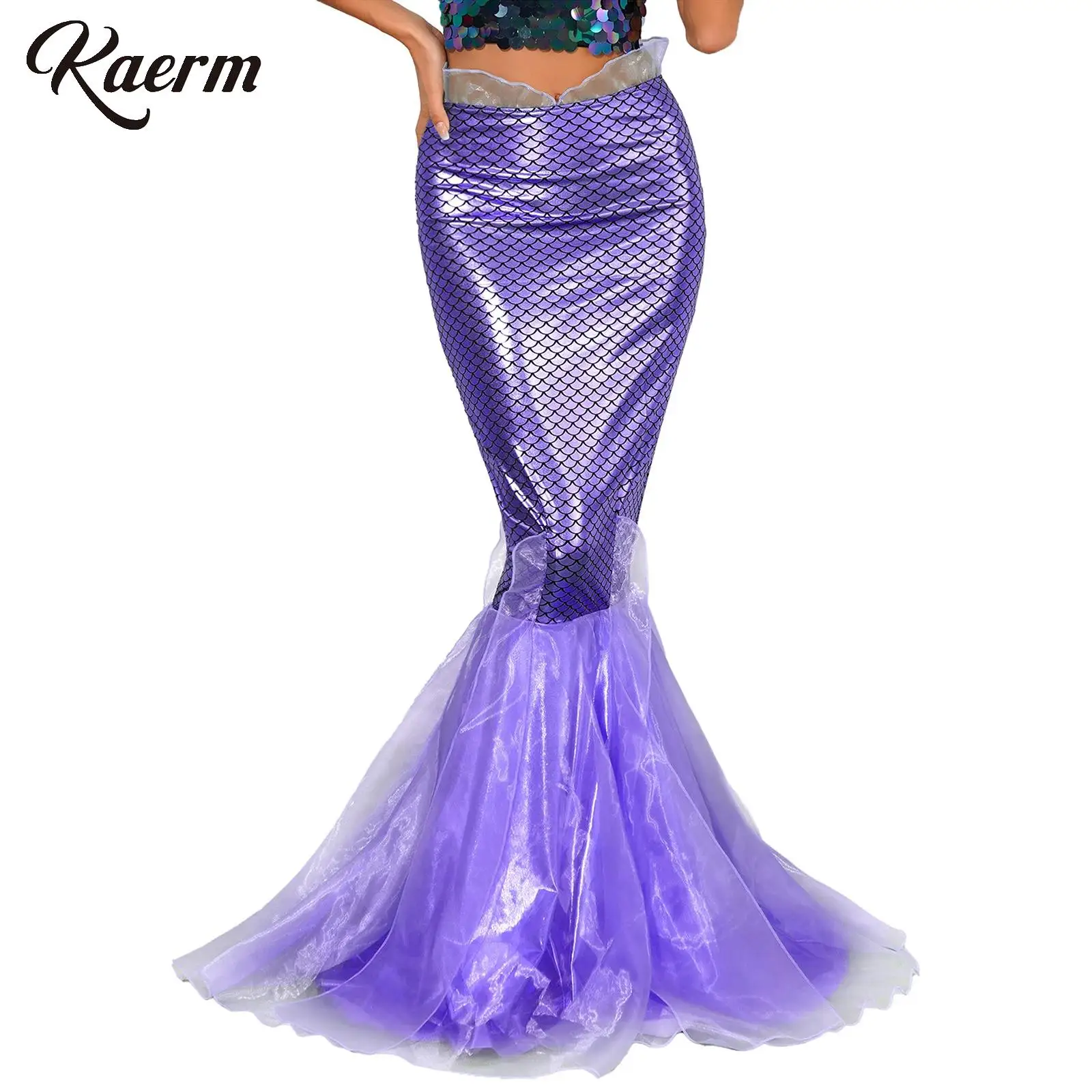 

Womens Halloween Mermaid Maxi Skirt Cascading Tulle Fish Scale Print Metallic Shiny Fishtail Skirt for Cosplay Dress-Up Party