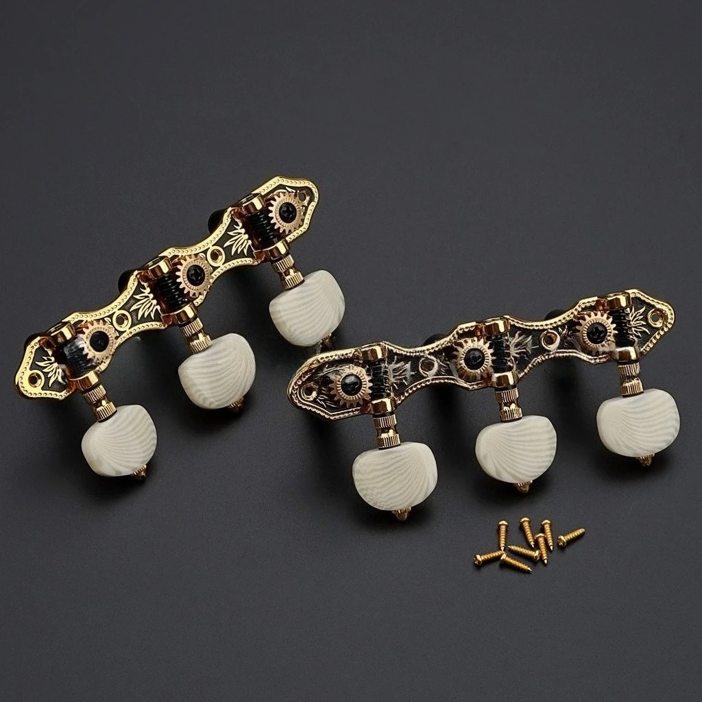 3+3 Gold Classical Guitar Tuners 3 In‑Line Machine Heads Ornate Engraved Tuning Pegs With Shell Knobs For Classical Guitar