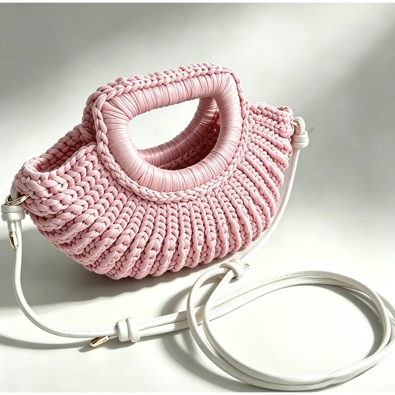 Gestrickte Garn-Umhängetasche, Einfarbige Damen-Handtasche, Schlichte Casual-Strandtasche für den Urlaub am Meer – Detail 5