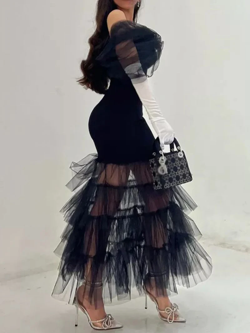 Elegant Black Gauze See Through Women Wedding Dress Sexy Off The Shoulder Party Dress Luxury Layers Criss-cross Evening Dresses