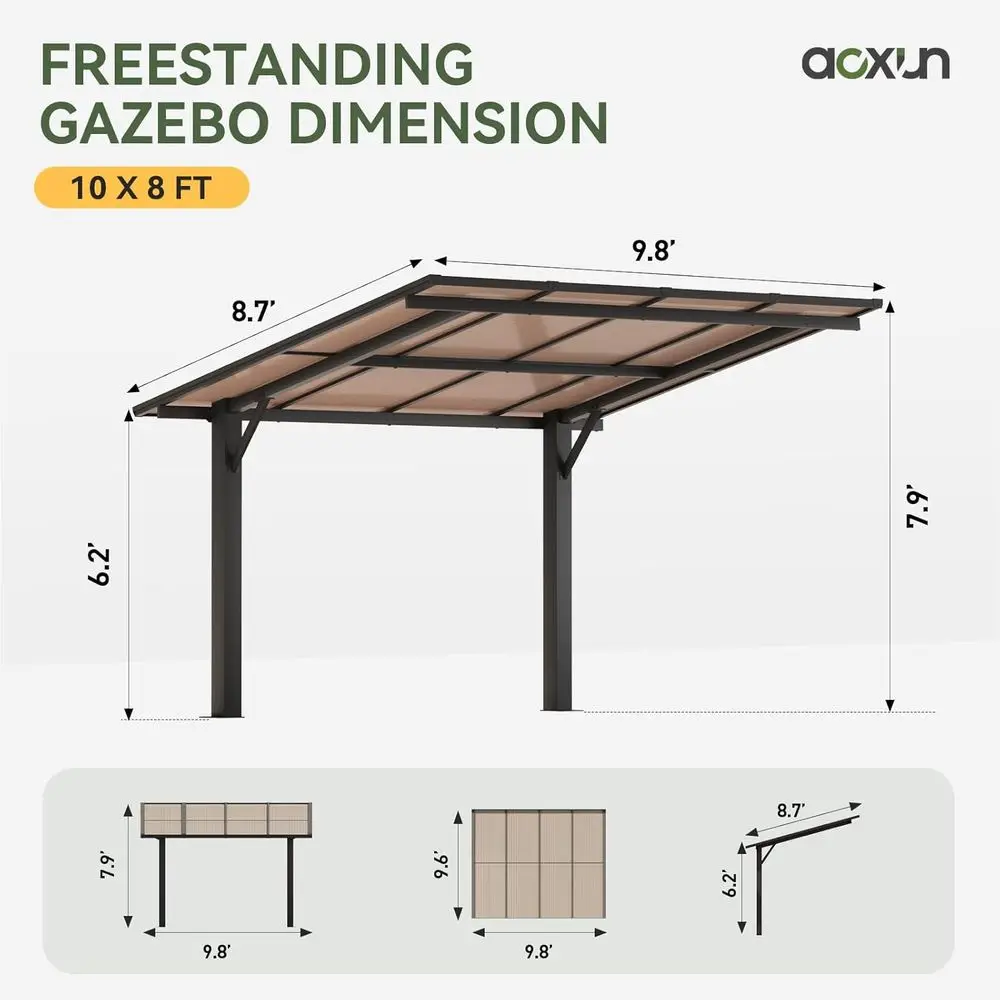 8'x10' Gazebo, reestanding Pergola with Roo, Heavy Duty Outdoor Pergolas or Patios, Hard Top Metal Wall-Mounted Pergola, 4.72" T view 4