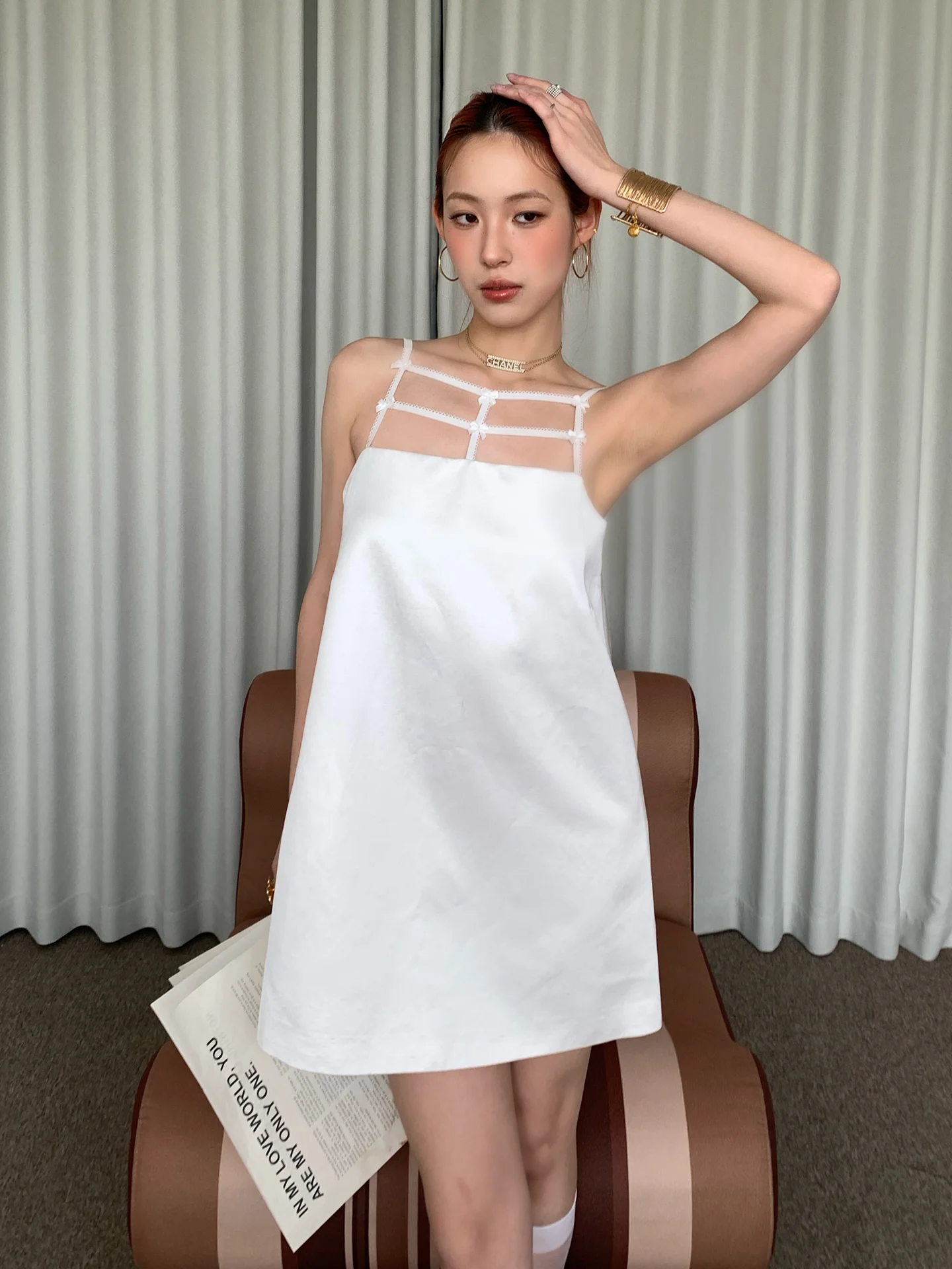 レースウェビングリボン装飾デザイン、シルクのようなサテンA字型ドレス気質カジュアルレディーススカート