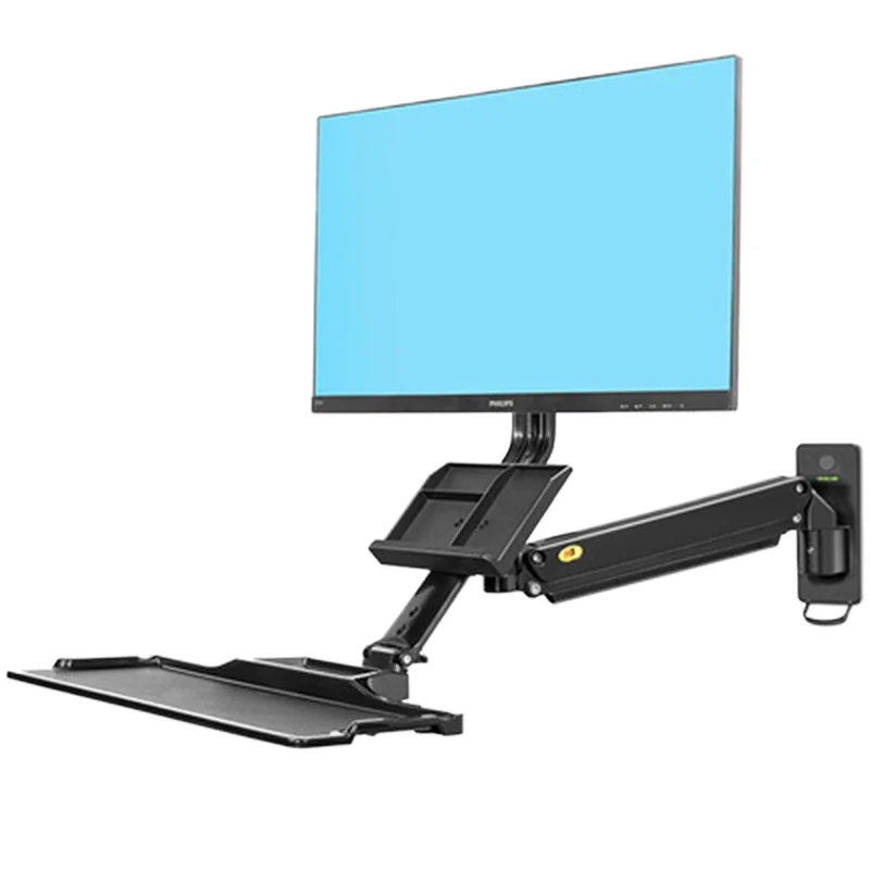 Black Wall Mount Workstation Gas Spring Arm Aluminum Alloy MDF Easy Adjust 19-27 Inch Monitor Holder Stock Sit Stand