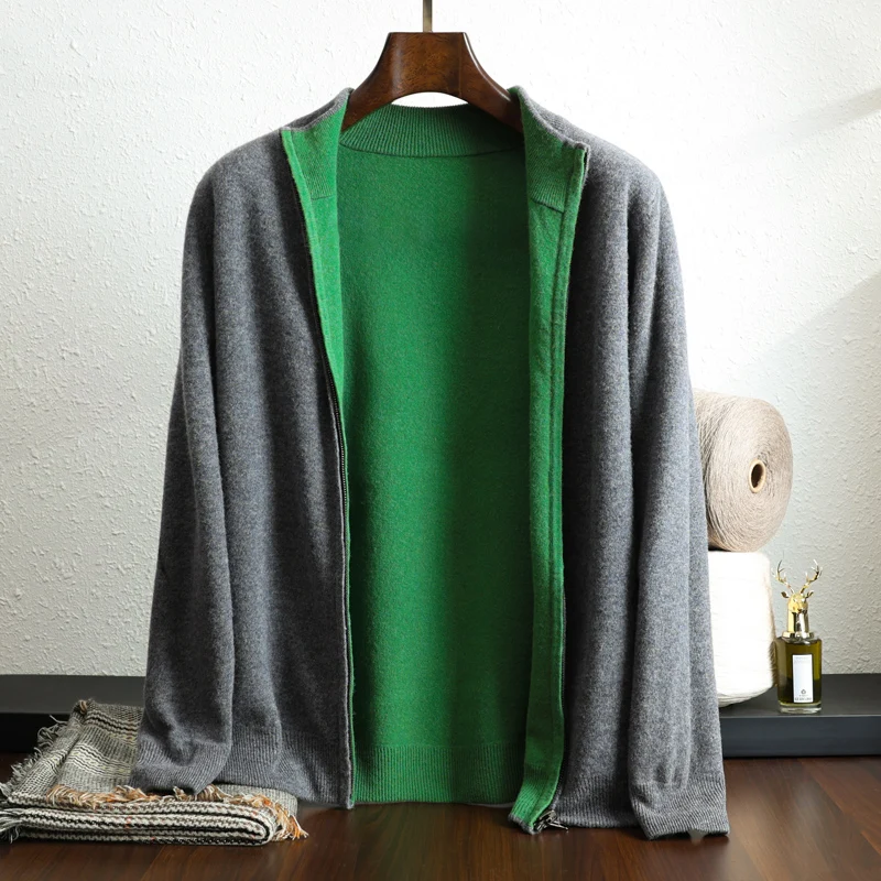 Cardigan da uomo in pura lana 100% maglione con cerniera colletto rialzato entrambi i lati possono indossare cappotto lavorato a maglia giacca