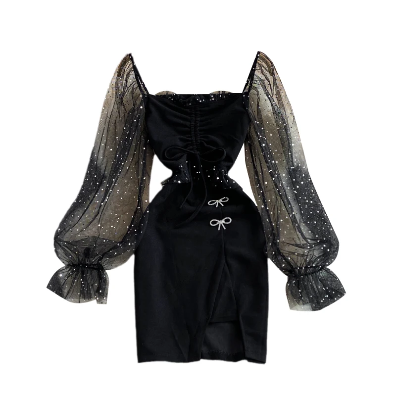 Coreano Sle Sexy Sparkling Me empalme cuello cuadrado abierto Split ceñido al cuerpo Dr otoño nueva llegada mujer de longitud media A-Line D...